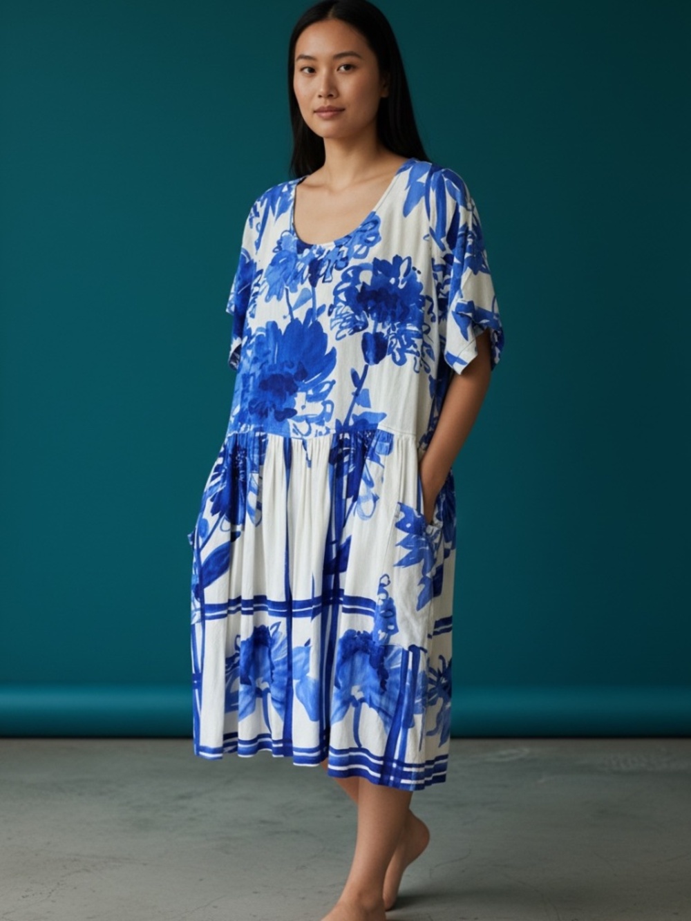 Vintage Jams World Worm's Floral Dress, Blue and White Rayon, Medium